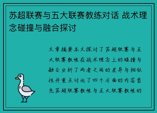 苏超联赛与五大联赛教练对话 战术理念碰撞与融合探讨